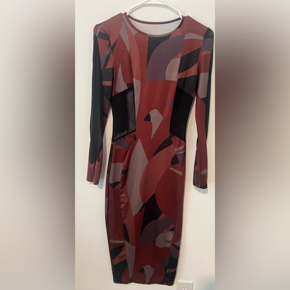 Trendy Boutique Red Black Long Sleeve Bodycon Dress - Picture 1 of 4